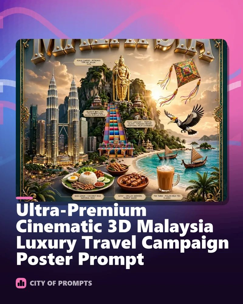 Cover image for Ultra-Premium Cinematic 3D Malaysia Luxury Travel Campaign Poster Prompt