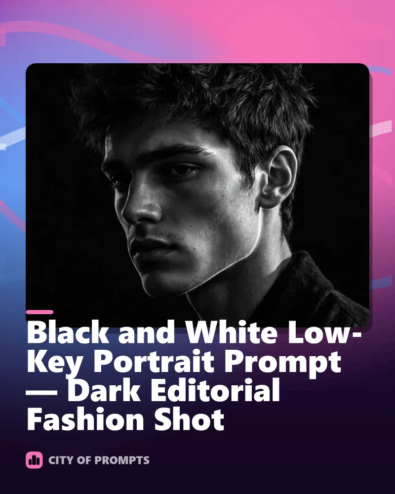 Cover image for Black and White Low-Key Portrait Prompt — Dark Editorial Fashion Shot
