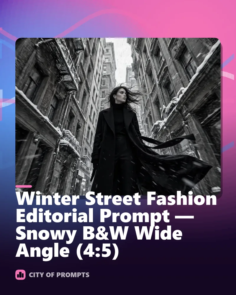 Cover image for Winter Street Fashion Editorial Prompt — Snowy B&W Wide Angle (4:5)
