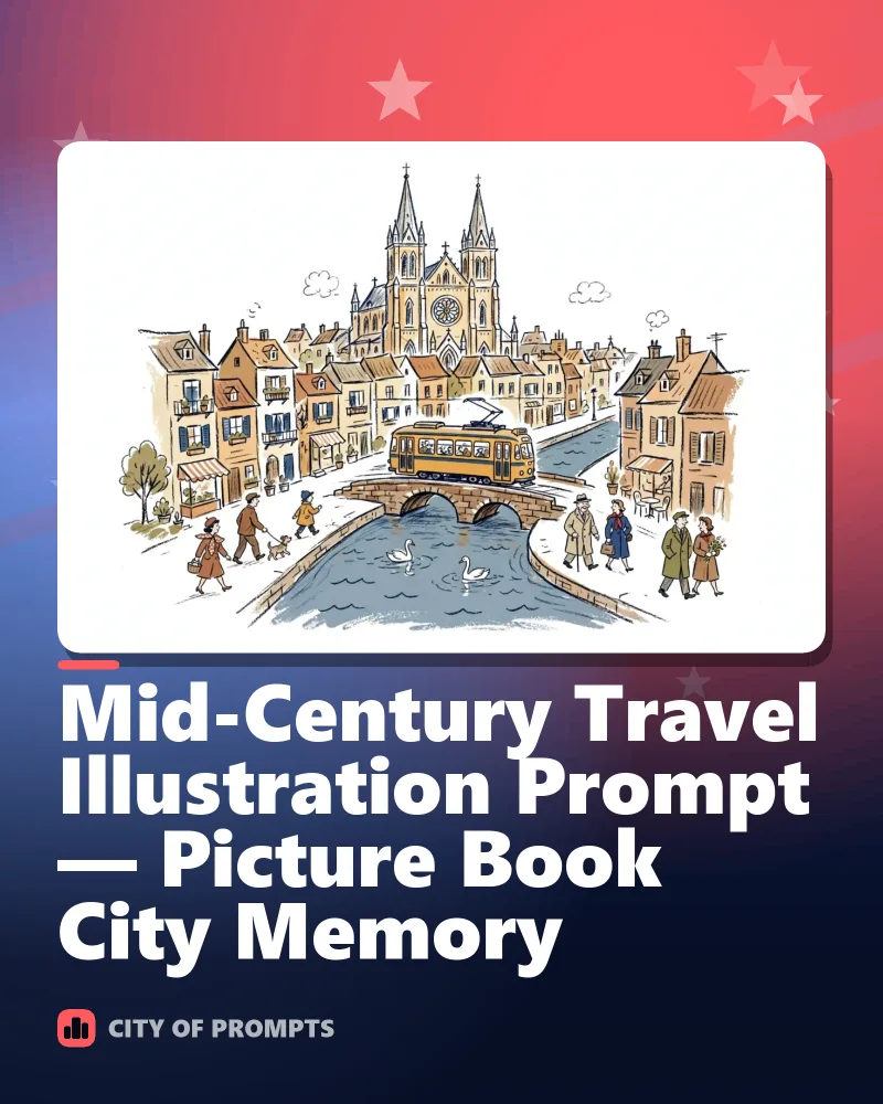 Cover image for Mid-Century Travel Illustration Prompt — Picture Book City Memory