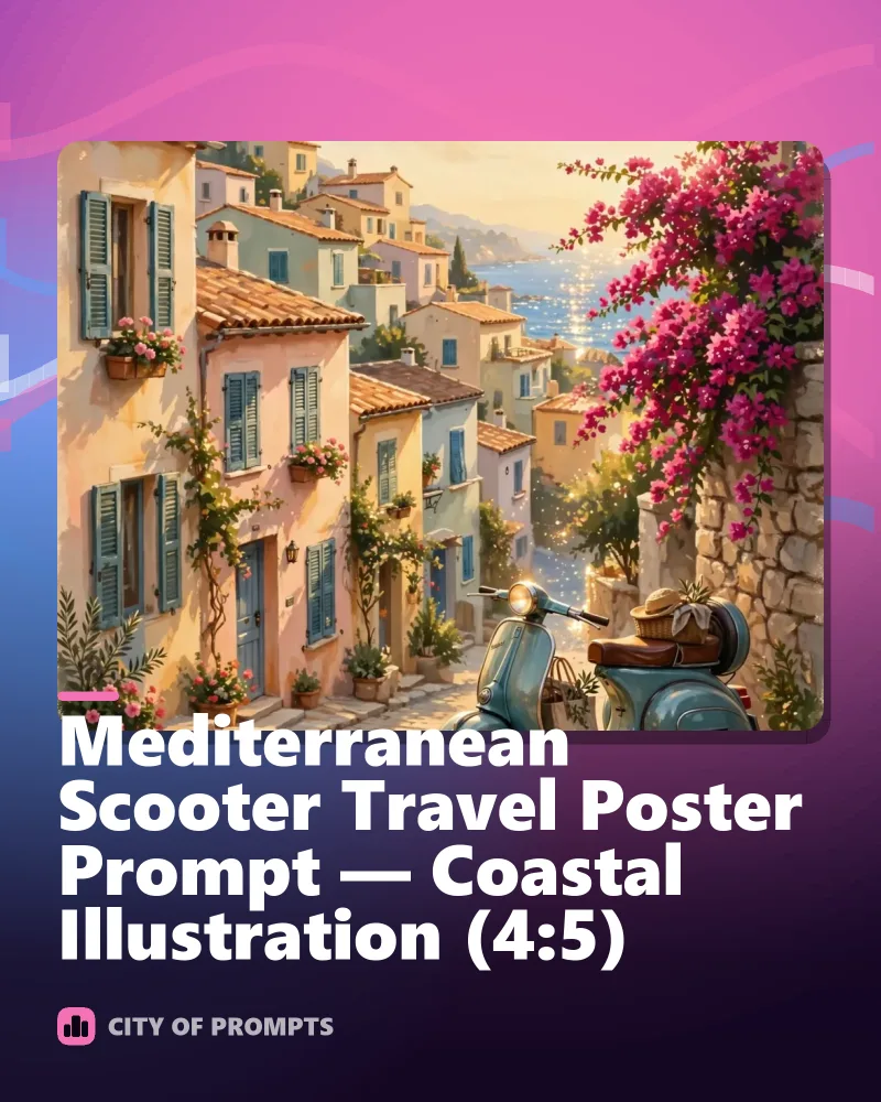 Cover image for Mediterranean Scooter Travel Poster Prompt — Coastal Illustration (4:5)