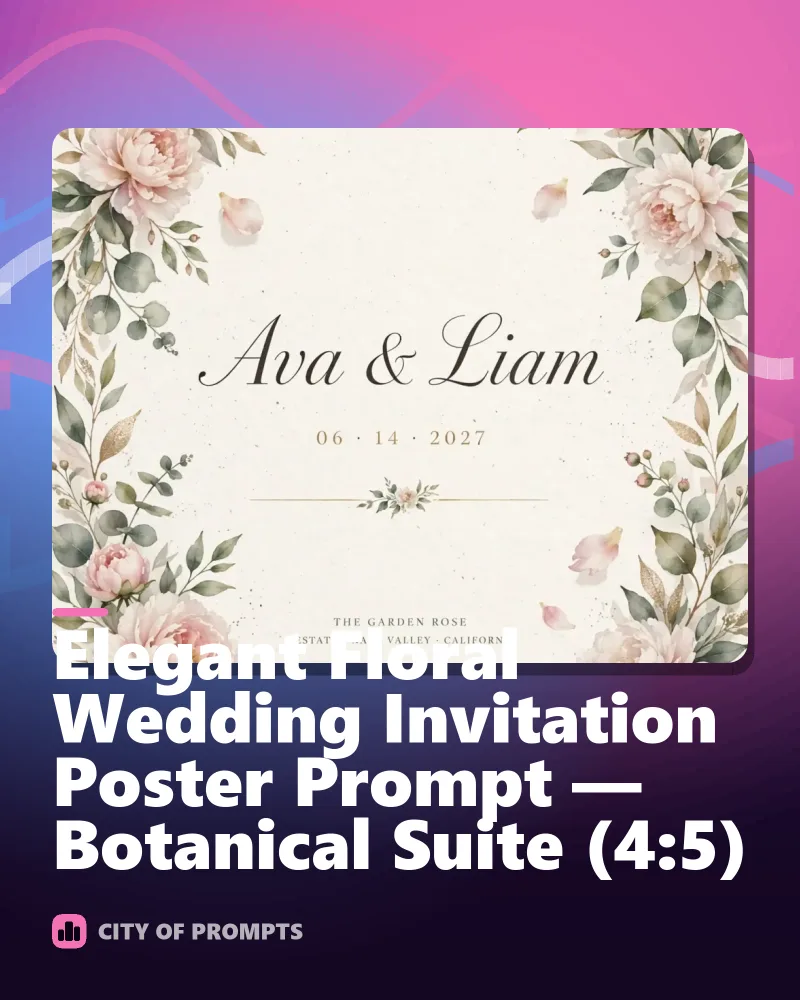 Cover image for Elegant Floral Wedding Invitation Poster Prompt — Botanical Suite (4:5)