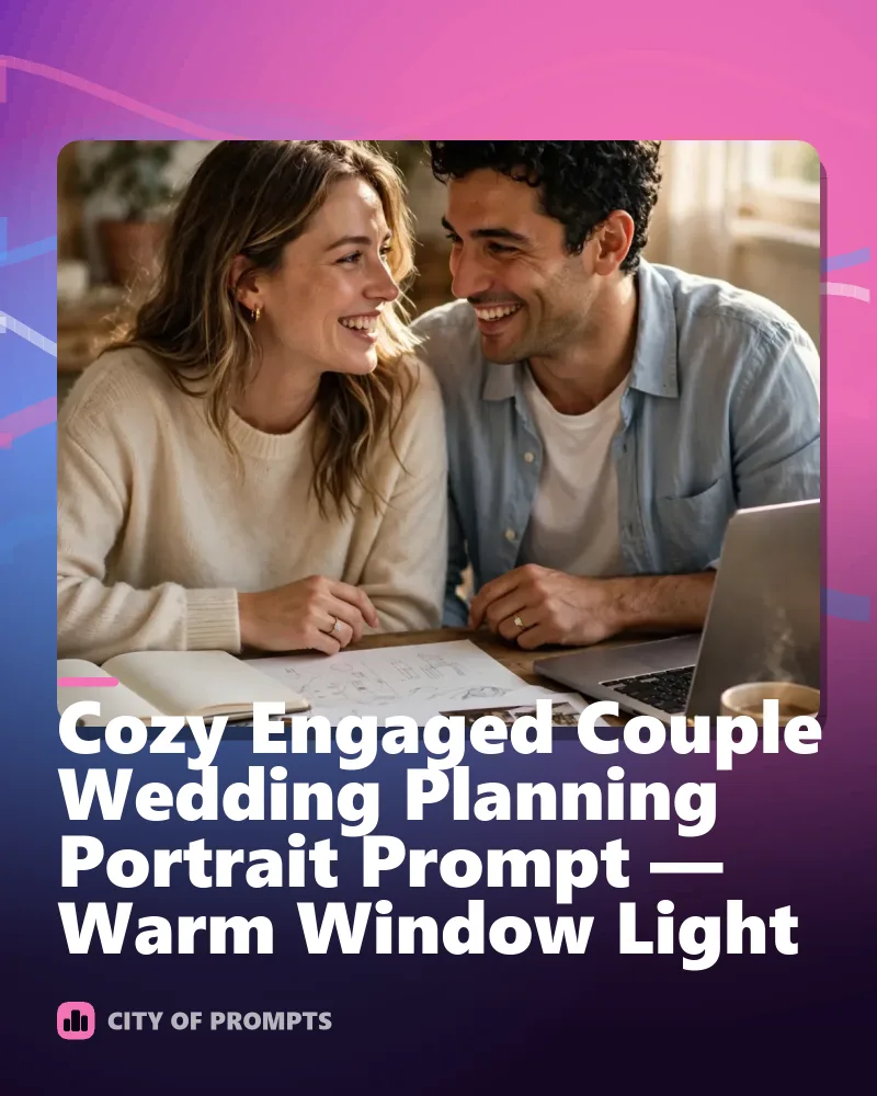 Cover image for Cozy Engaged Couple Wedding Planning Portrait Prompt — Warm Window Light