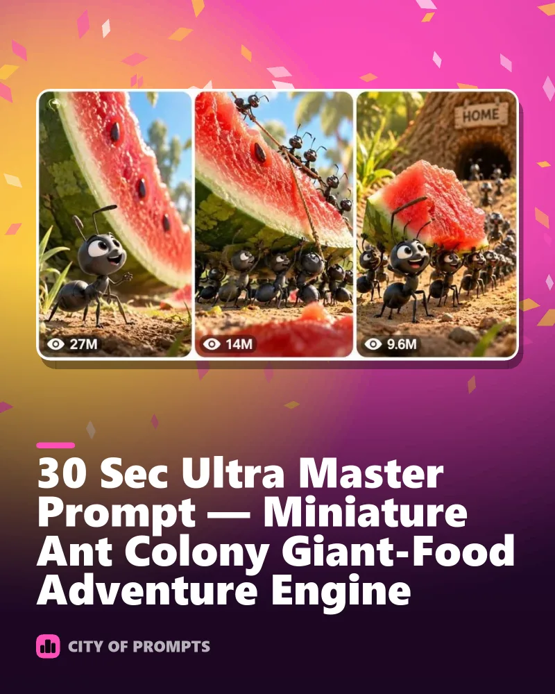 Cover image for 30 Sec Ultra Master Prompt — Miniature Ant Colony Giant-Food Adventure Engine
