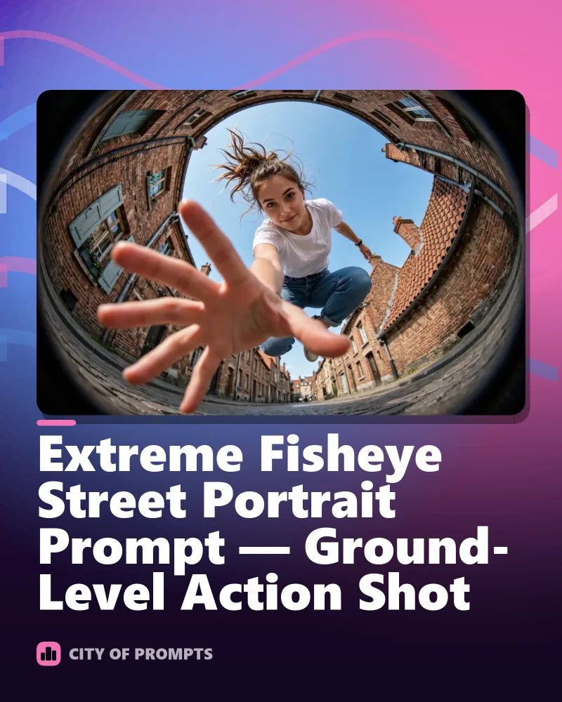 Cover image for Extreme Fisheye Street Portrait Prompt — Ground-Level Action Shot