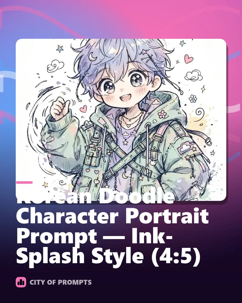 Cover image for Korean Doodle Character Portrait Prompt — Ink-Splash Style (4:5)