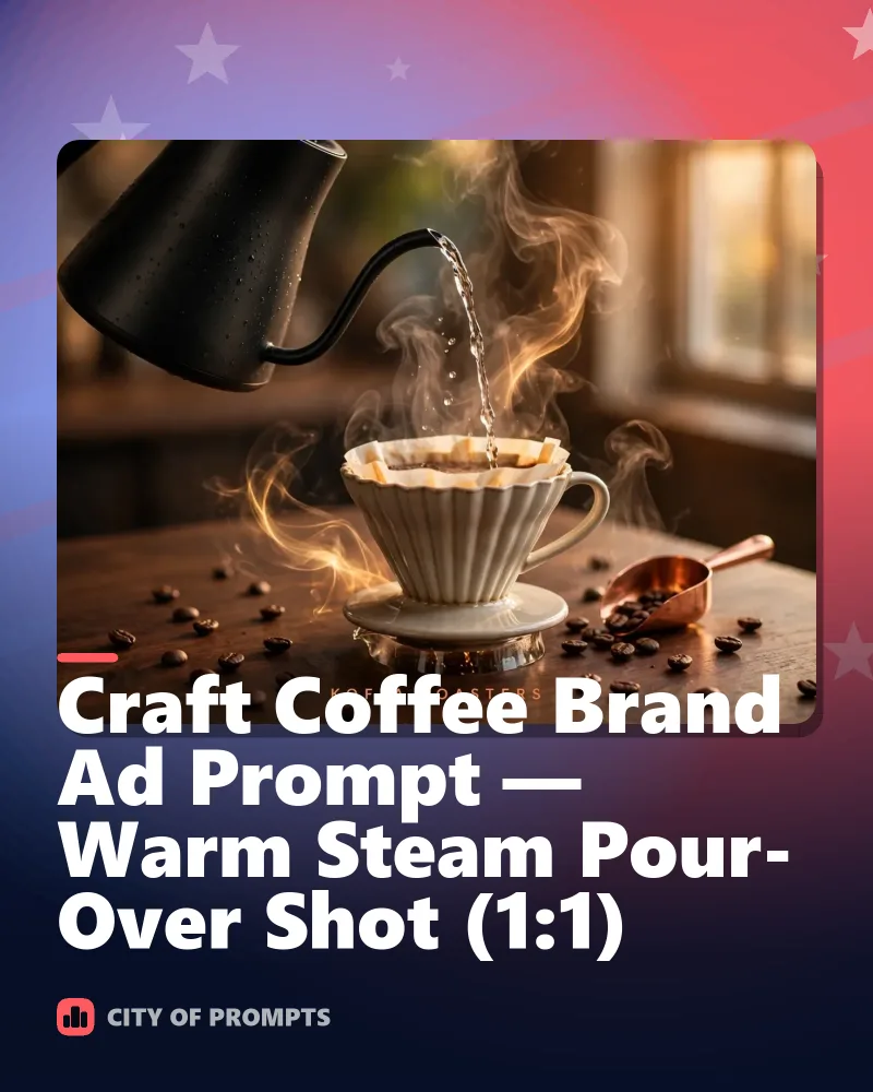 Cover image for Craft Coffee Brand Ad Prompt — Warm Steam Pour-Over Shot (1:1)