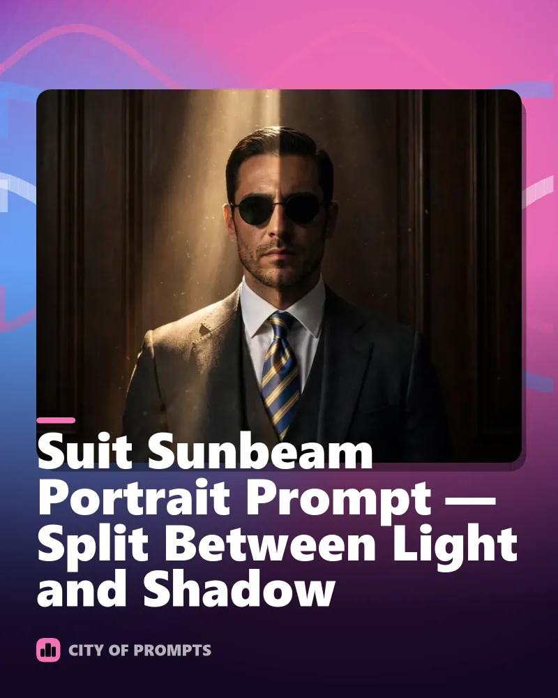 Cover image for Suit Sunbeam Portrait Prompt — Split Between Light and Shadow