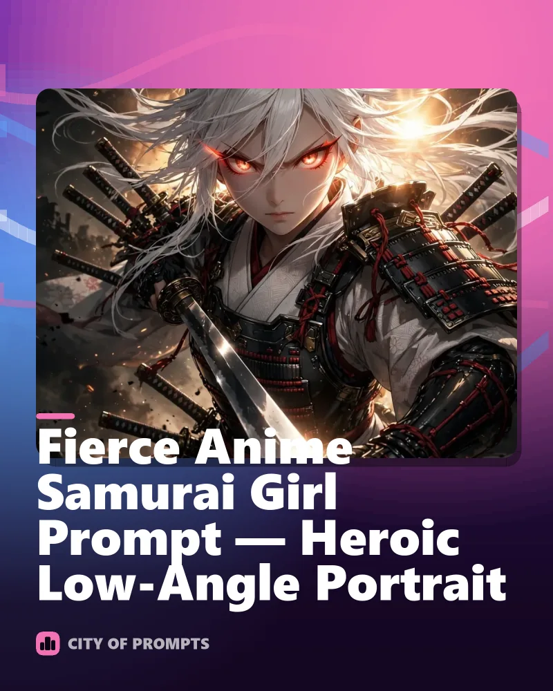 Cover image for Fierce Anime Samurai Girl Prompt — Heroic Low-Angle Portrait
