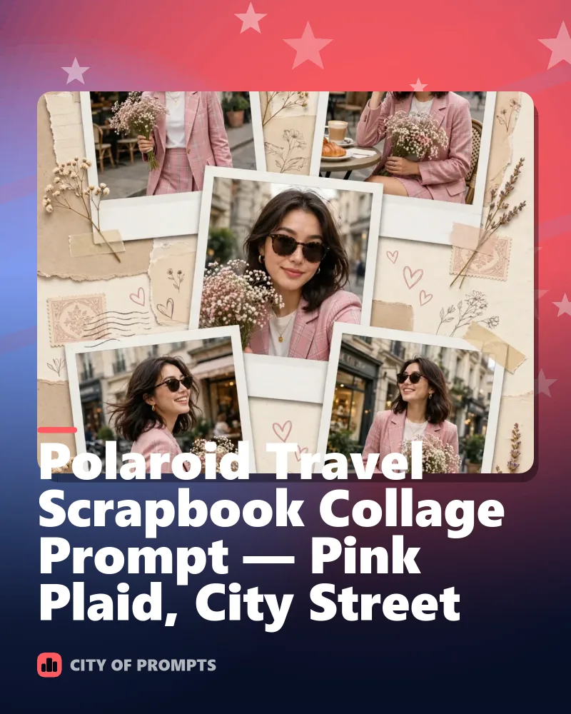 Cover image for Polaroid Travel Scrapbook Collage Prompt — Pink Plaid, City Street