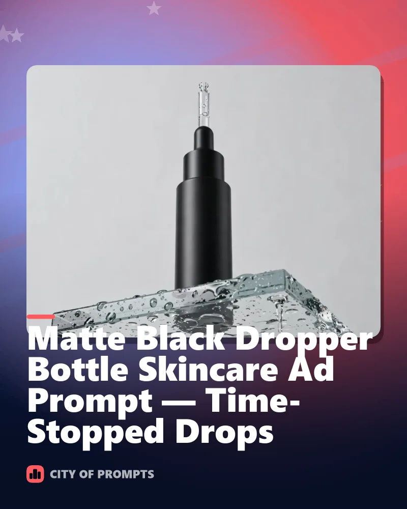 Cover image for Matte Black Dropper Bottle Skincare Ad Prompt — Time-Stopped Drops