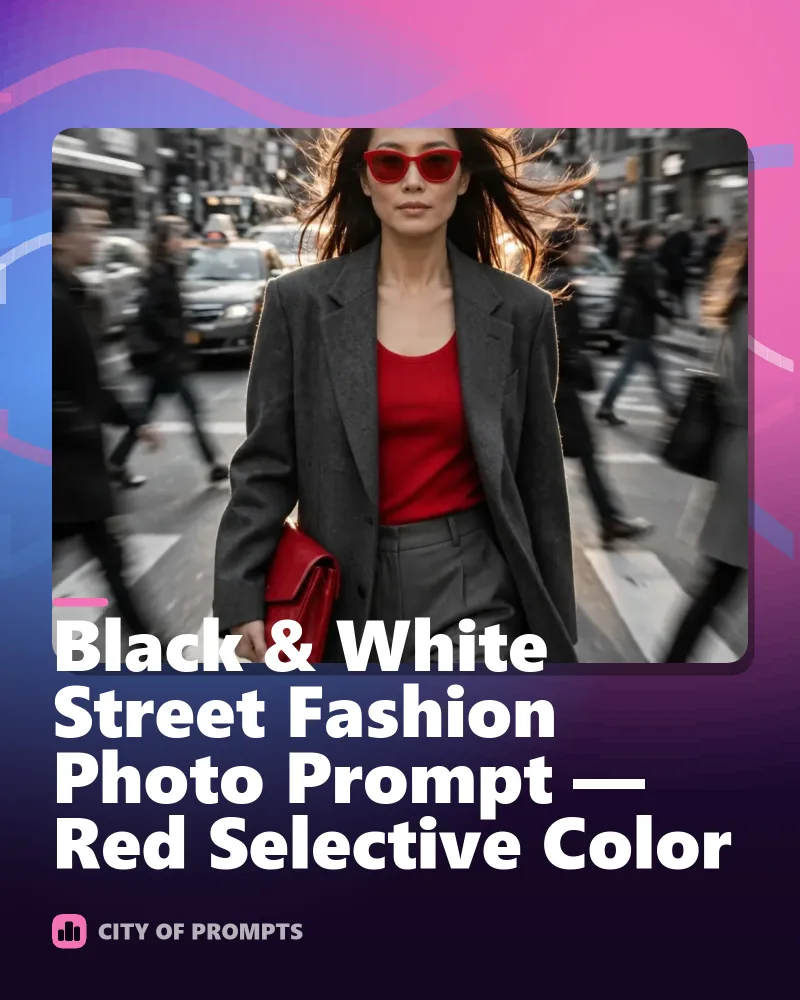 Cover image for Black & White Street Fashion Photo Prompt — Red Selective Color