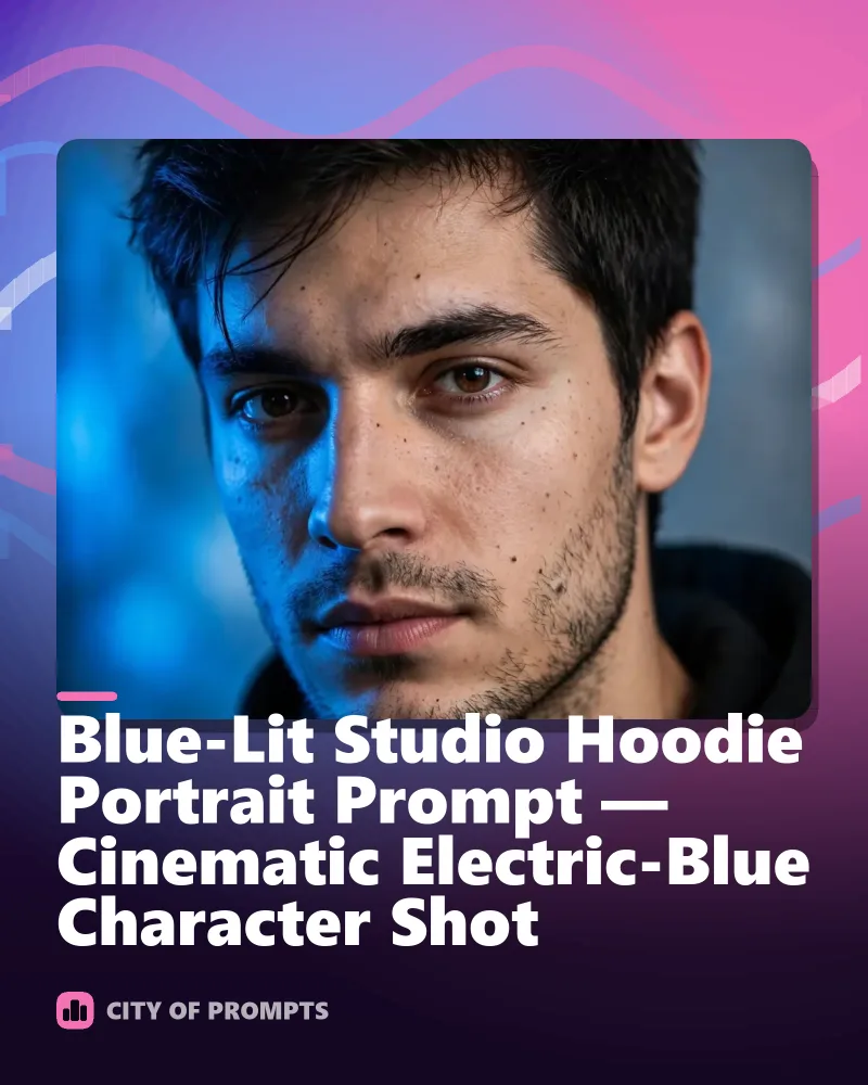Cover image for Blue-Lit Studio Hoodie Portrait Prompt — Cinematic Electric-Blue Character Shot