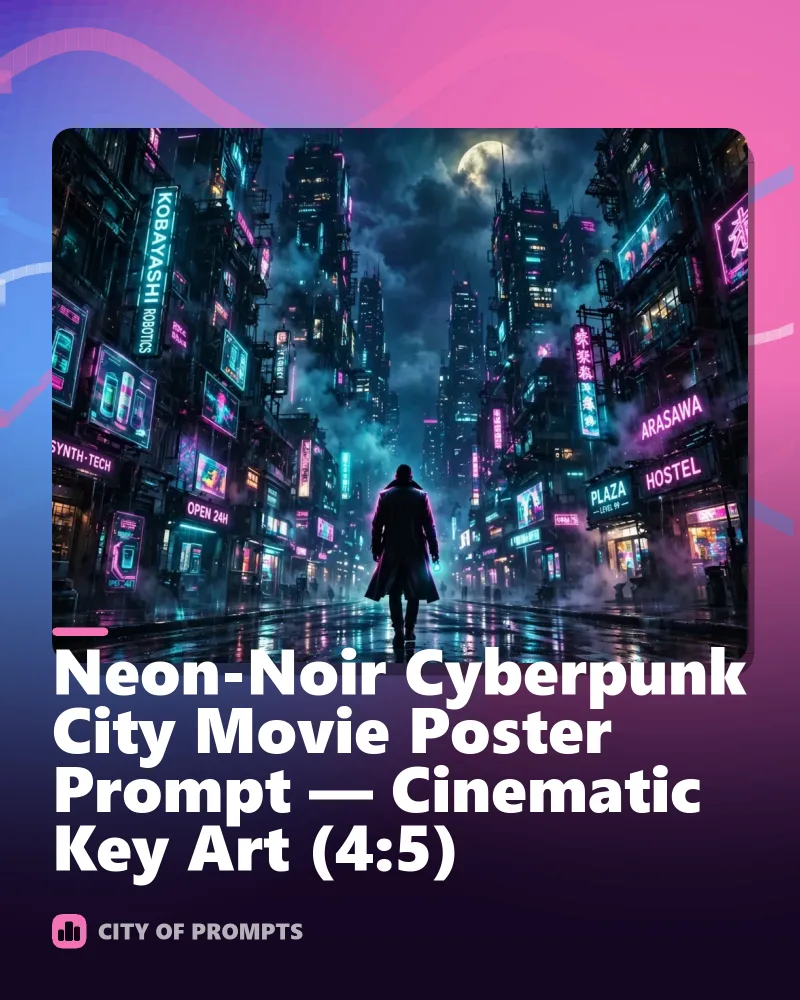 Cover image for Neon-Noir Cyberpunk City Movie Poster Prompt — Cinematic Key Art (4:5)
