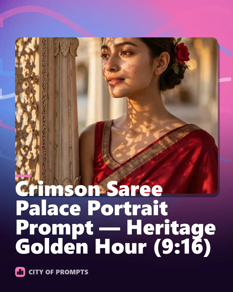 Cover image for Crimson Saree Palace Portrait Prompt — Heritage Golden Hour (9:16)