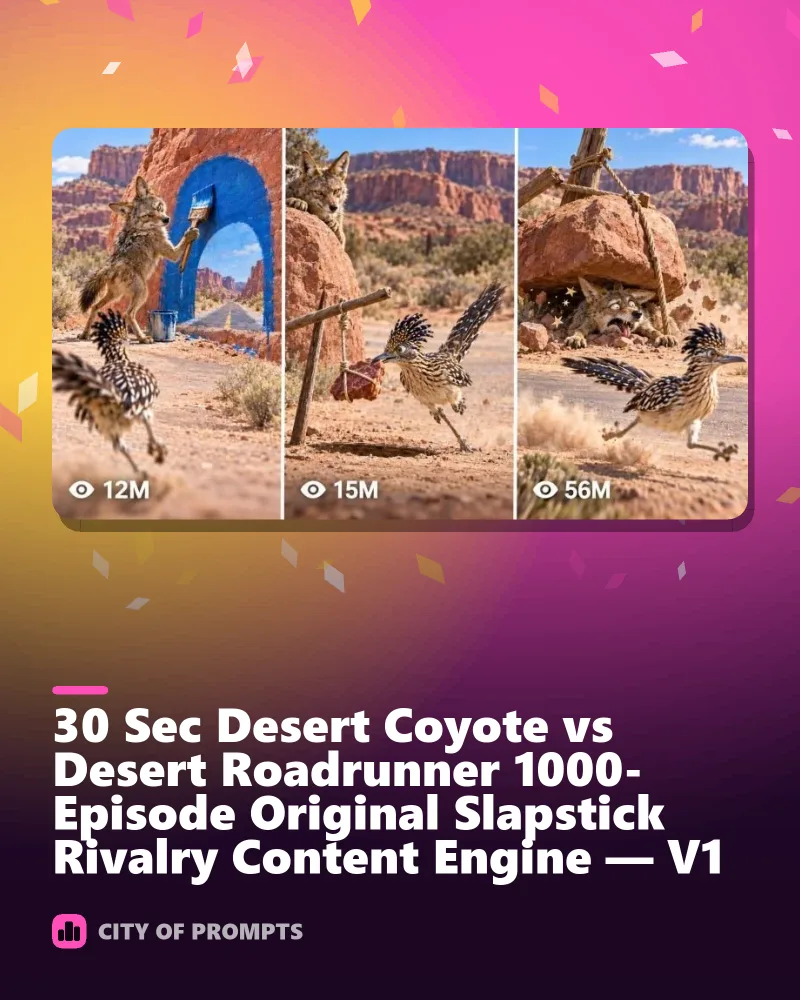Cover image for 30 Sec Desert Coyote vs Desert Roadrunner 1000-Episode Original Slapstick Rivalry Content Engine — V1