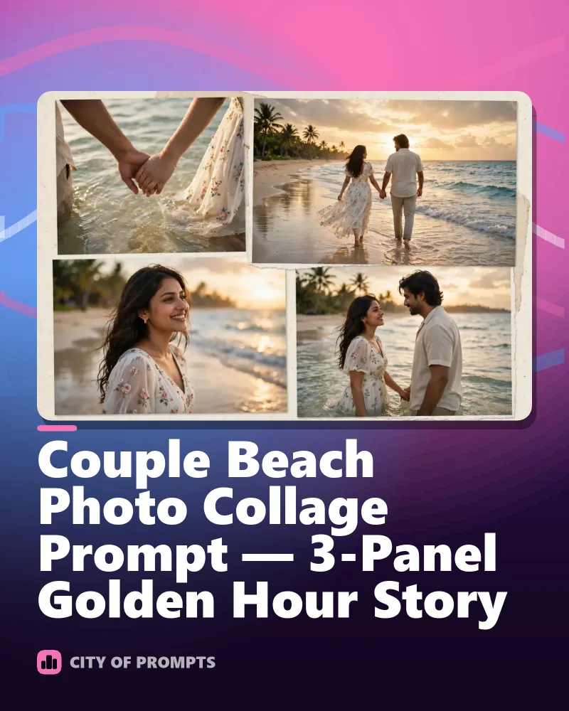 Cover image for Couple Beach Photo Collage Prompt — 3-Panel Golden Hour Story