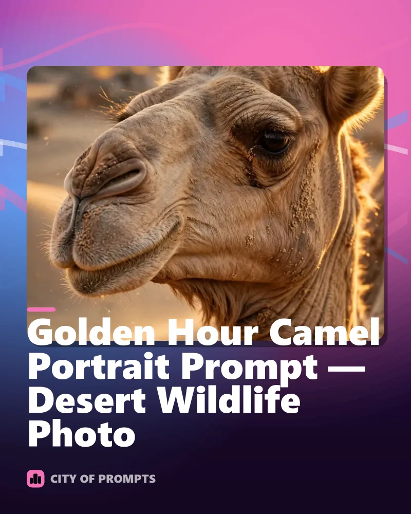 Cover image for Golden Hour Camel Portrait Prompt — Desert Wildlife Photo