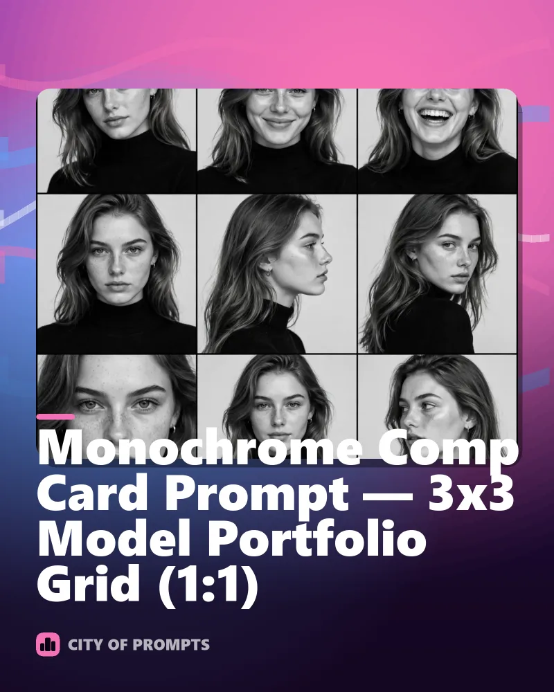 Cover image for Monochrome Comp Card Prompt — 3x3 Model Portfolio Grid (1:1)