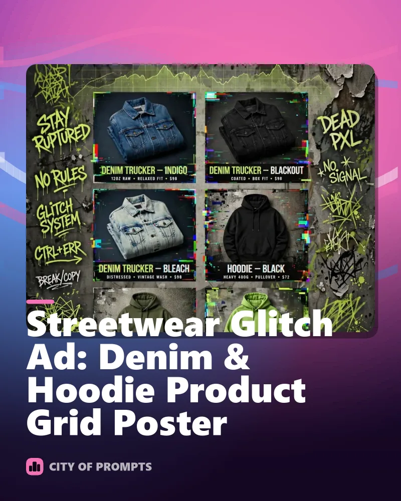 Cover image for Streetwear Glitch Ad: Denim & Hoodie Product Grid Poster