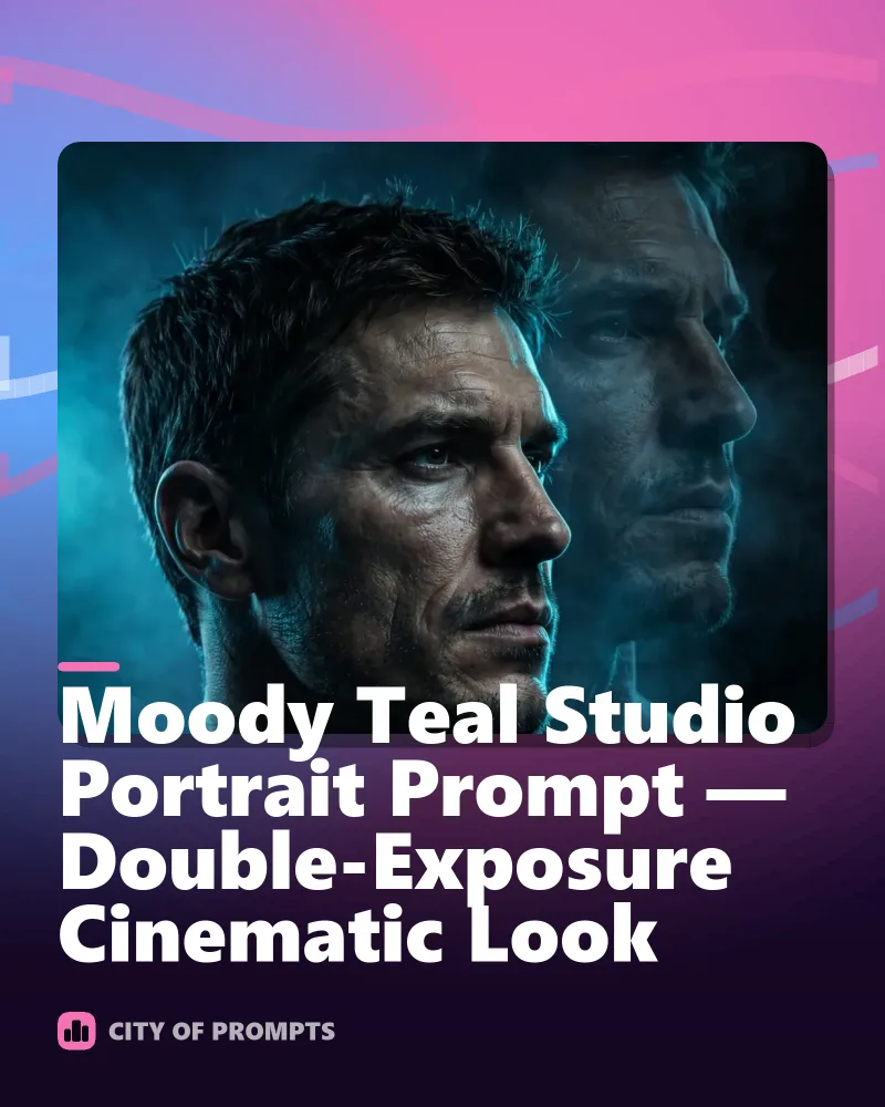 Cover image for Moody Teal Studio Portrait Prompt — Double-Exposure Cinematic Look
