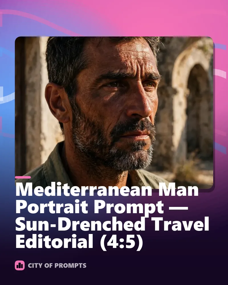 Cover image for Mediterranean Man Portrait Prompt — Sun-Drenched Travel Editorial (4:5)