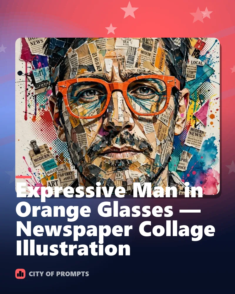 Cover image for Expressive Man in Orange Glasses — Newspaper Collage Illustration