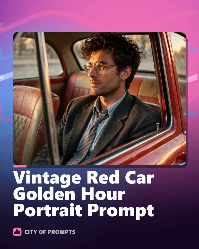 Cover image for Vintage Red Car Golden Hour Portrait Prompt