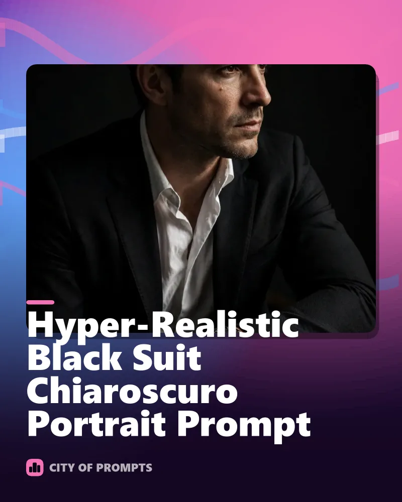 Cover image for Hyper-Realistic Black Suit Chiaroscuro Portrait Prompt
