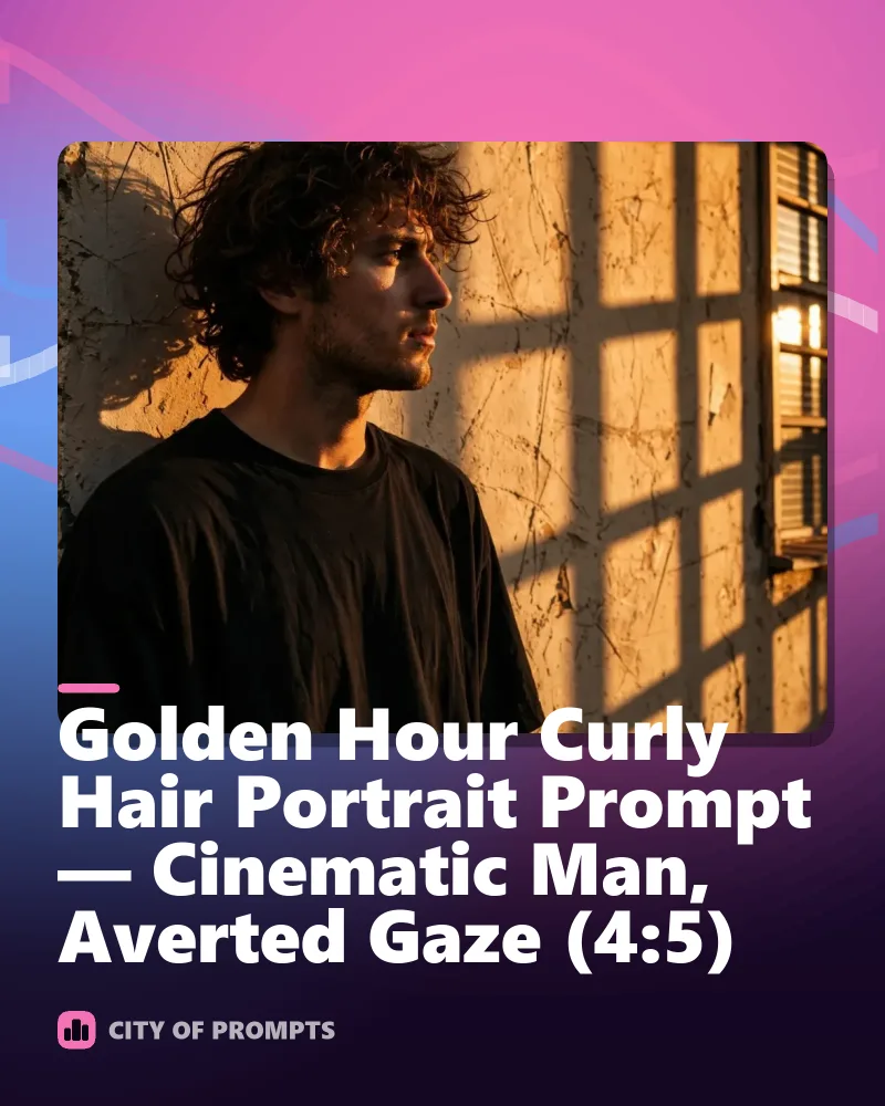 Cover image for Golden Hour Curly Hair Portrait Prompt — Cinematic Man, Averted Gaze (4:5)