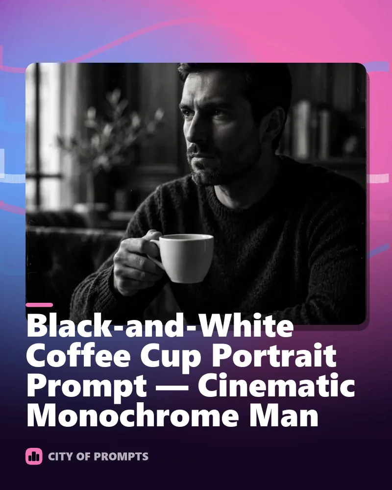 Cover image for Black-and-White Coffee Cup Portrait Prompt — Cinematic Monochrome Man