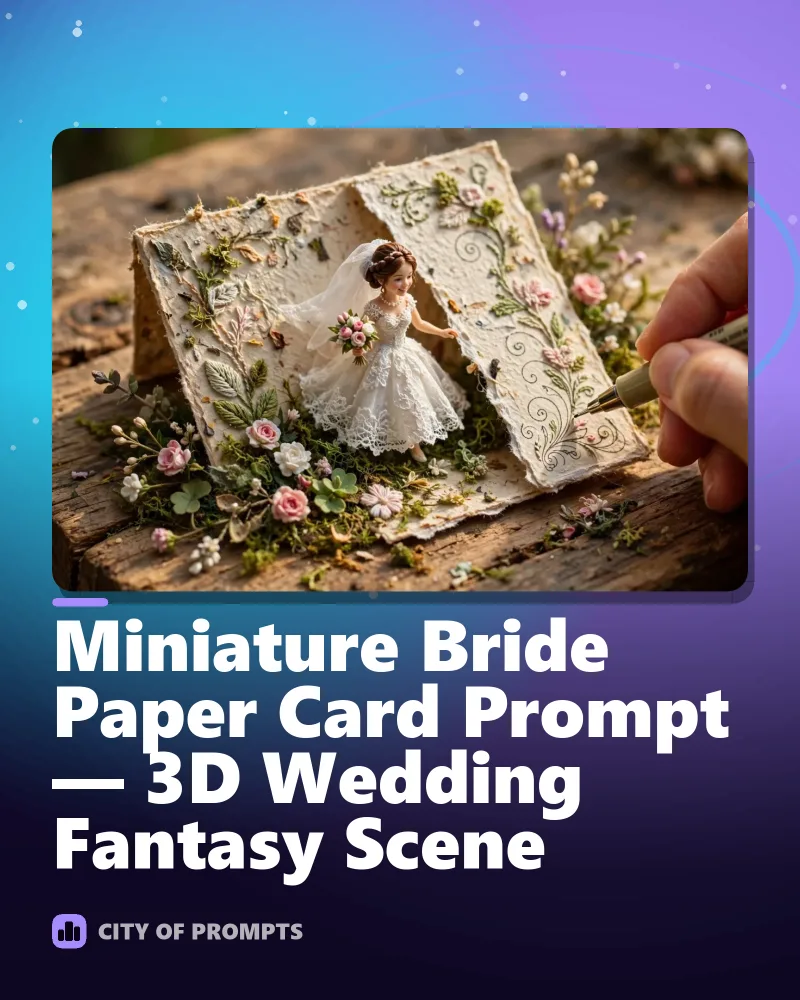 Cover image for Miniature Bride Paper Card Prompt — 3D Wedding Fantasy Scene
