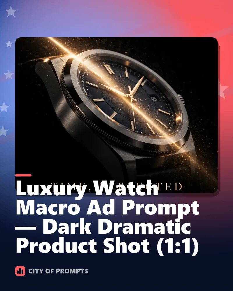 Cover image for Luxury Watch Macro Ad Prompt — Dark Dramatic Product Shot (1:1)