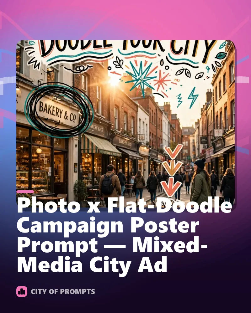 Cover image for Photo x Flat-Doodle Campaign Poster Prompt — Mixed-Media City Ad