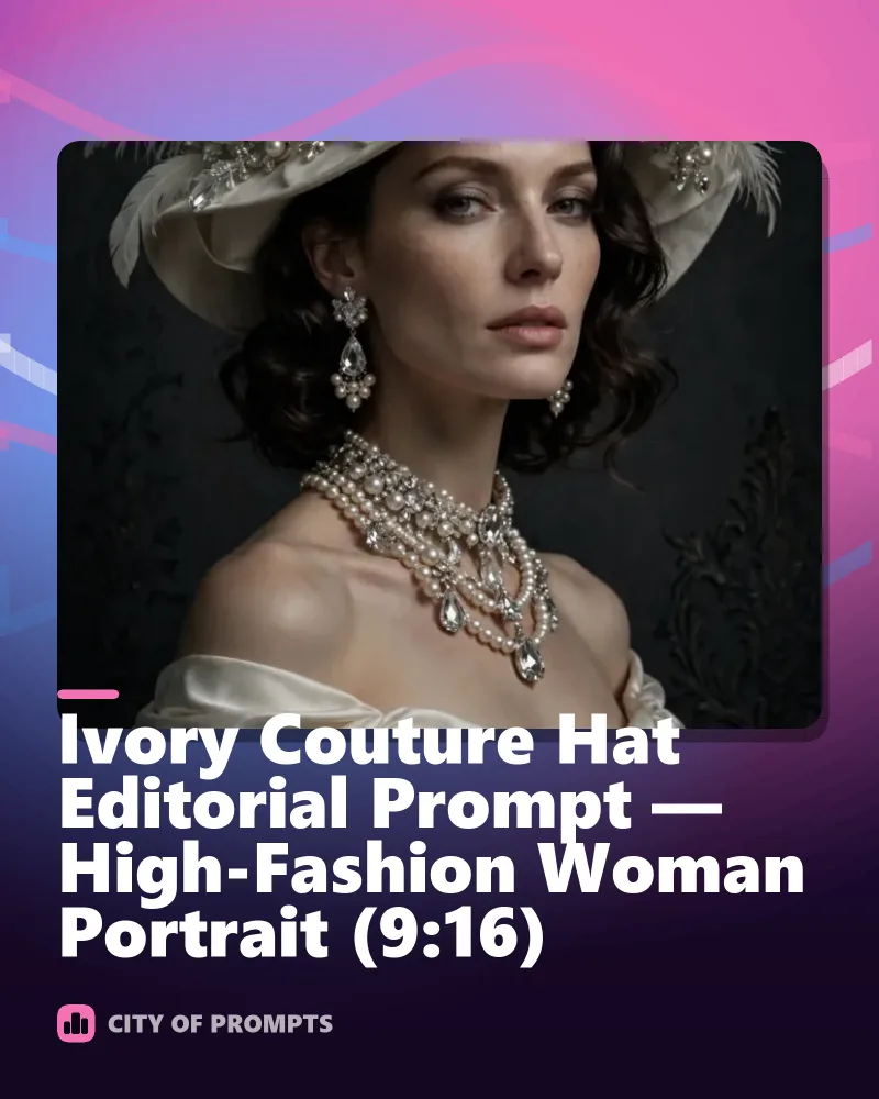 Cover image for Ivory Couture Hat Editorial Prompt — High-Fashion Woman Portrait (9:16)