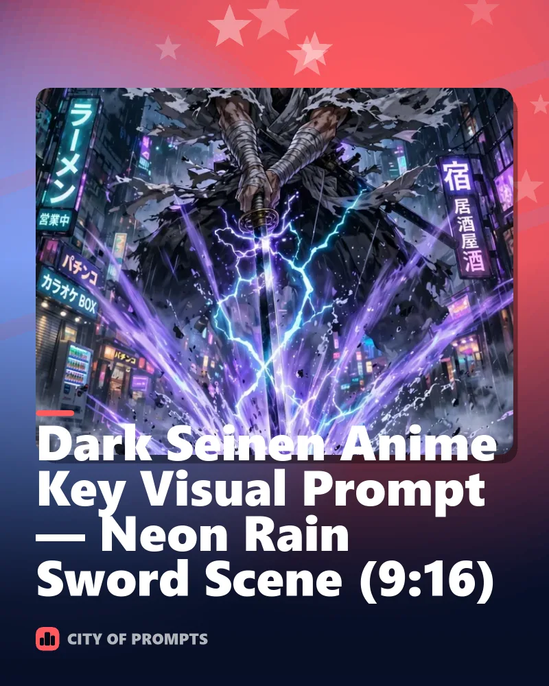 Cover image for Dark Seinen Anime Key Visual Prompt — Neon Rain Sword Scene (9:16)