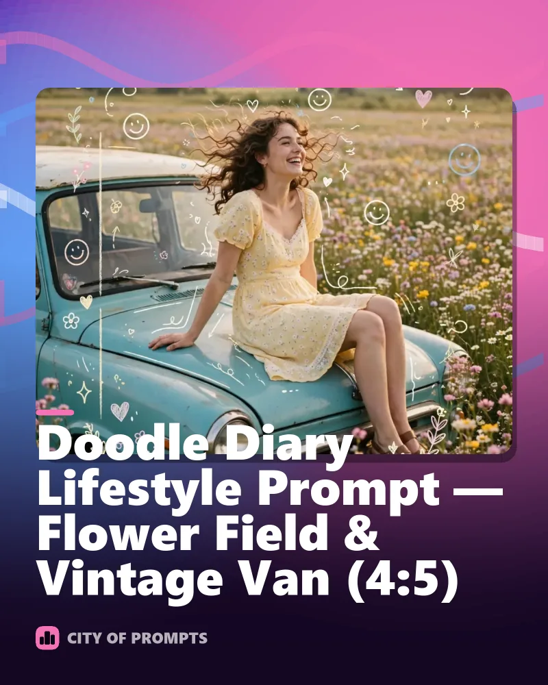 Cover image for Doodle Diary Lifestyle Prompt — Flower Field & Vintage Van (4:5)