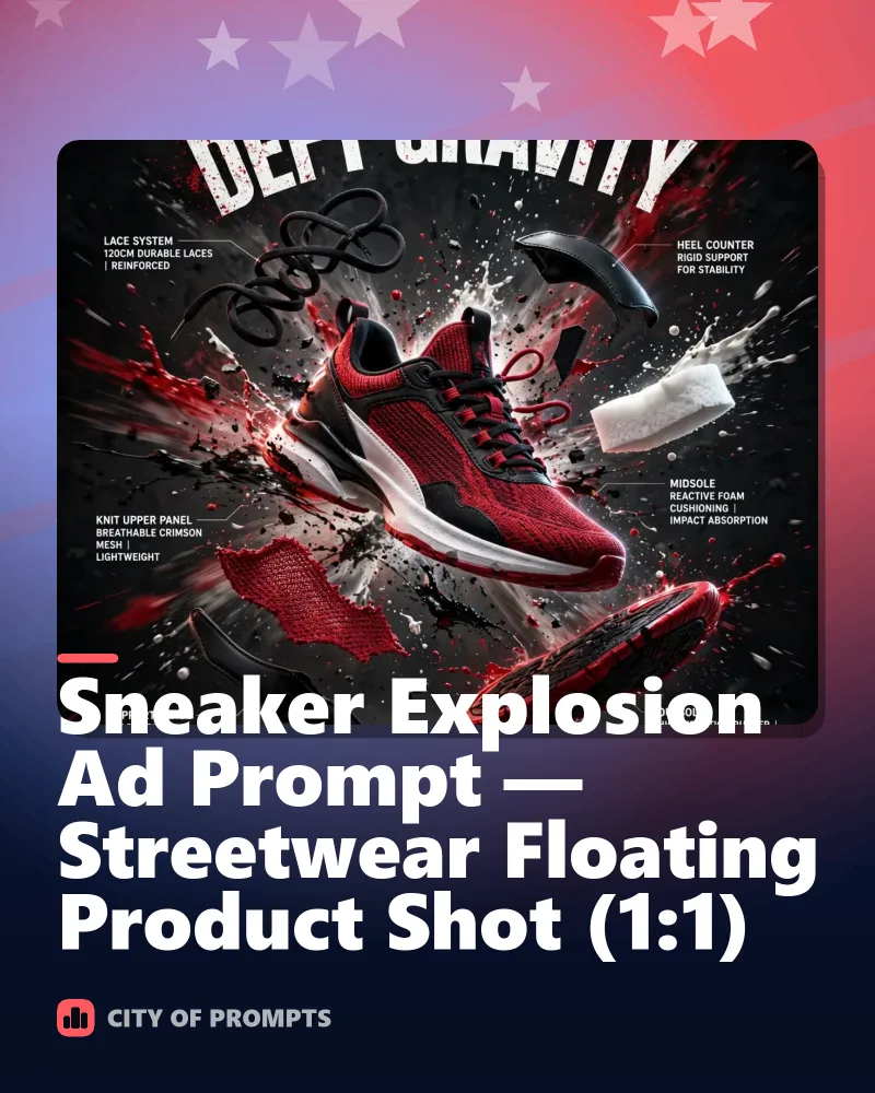Cover image for Sneaker Explosion Ad Prompt — Streetwear Floating Product Shot (1:1)