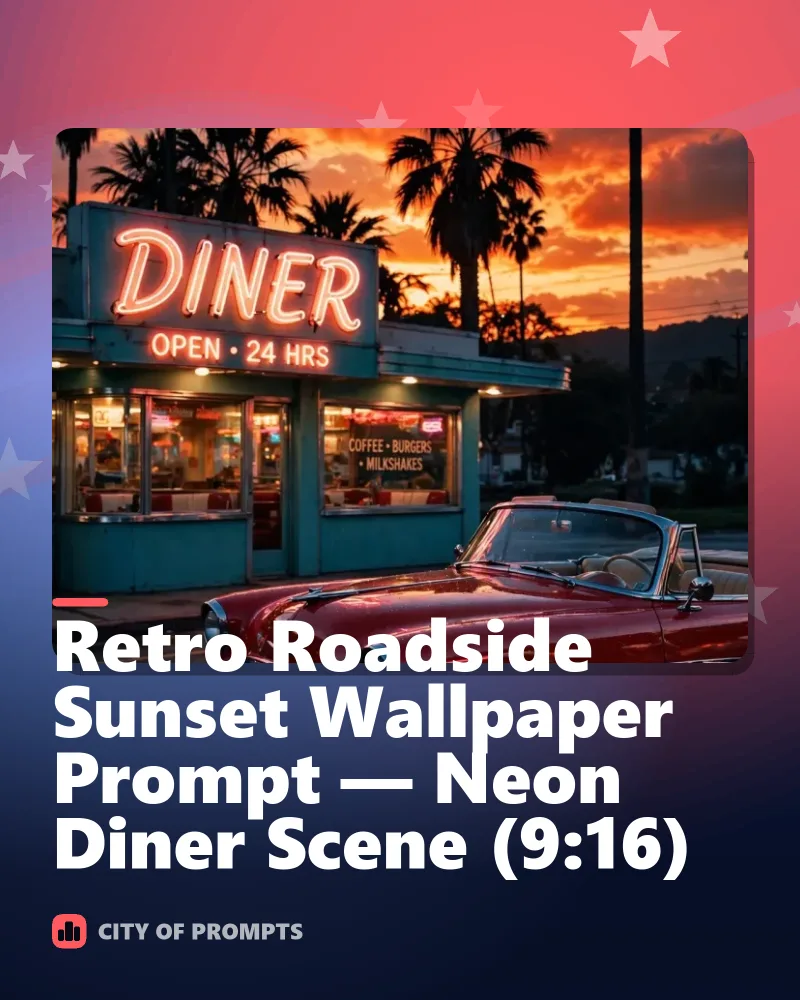 Cover image for Retro Roadside Sunset Wallpaper Prompt — Neon Diner Scene (9:16)