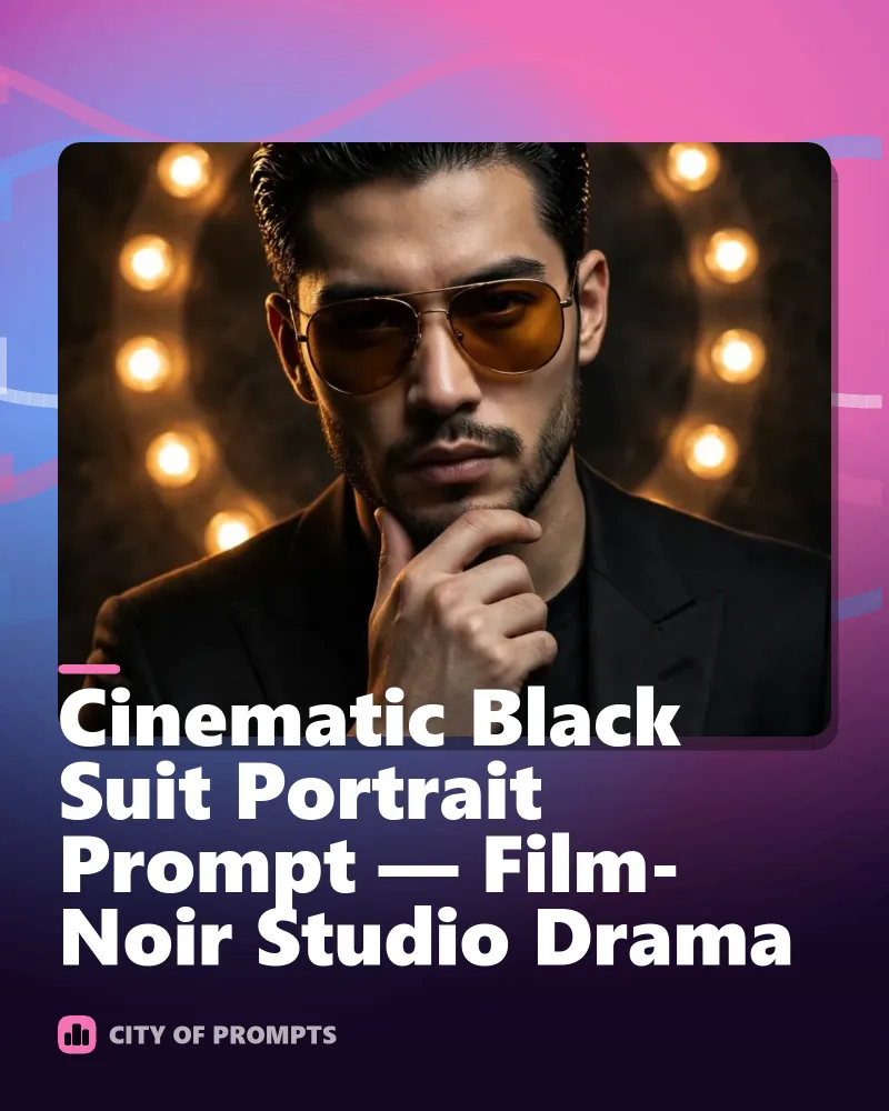Cover image for Cinematic Black Suit Portrait Prompt — Film-Noir Studio Drama