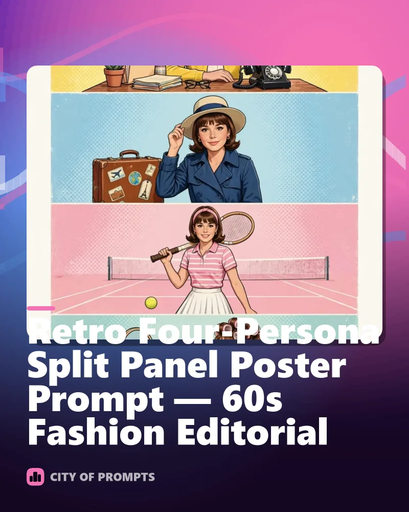 Cover image for Retro Four-Persona Split Panel Poster Prompt — 60s Fashion Editorial