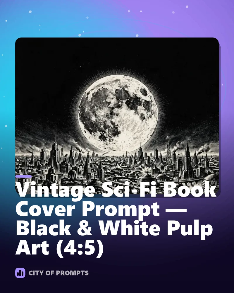 Cover image for Vintage Sci-Fi Book Cover Prompt — Black & White Pulp Art (4:5)