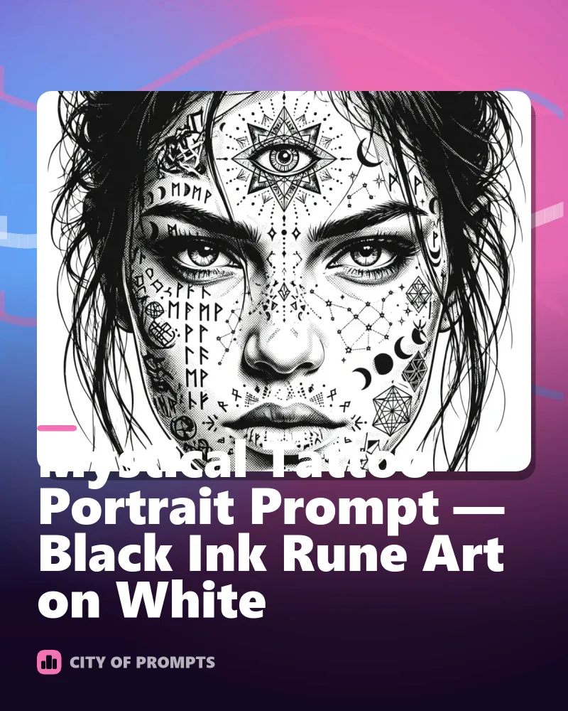 Cover image for Mystical Tattoo Portrait Prompt — Black Ink Rune Art on White