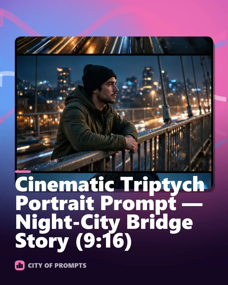 Cover image for Cinematic Triptych Portrait Prompt — Night-City Bridge Story (9:16)