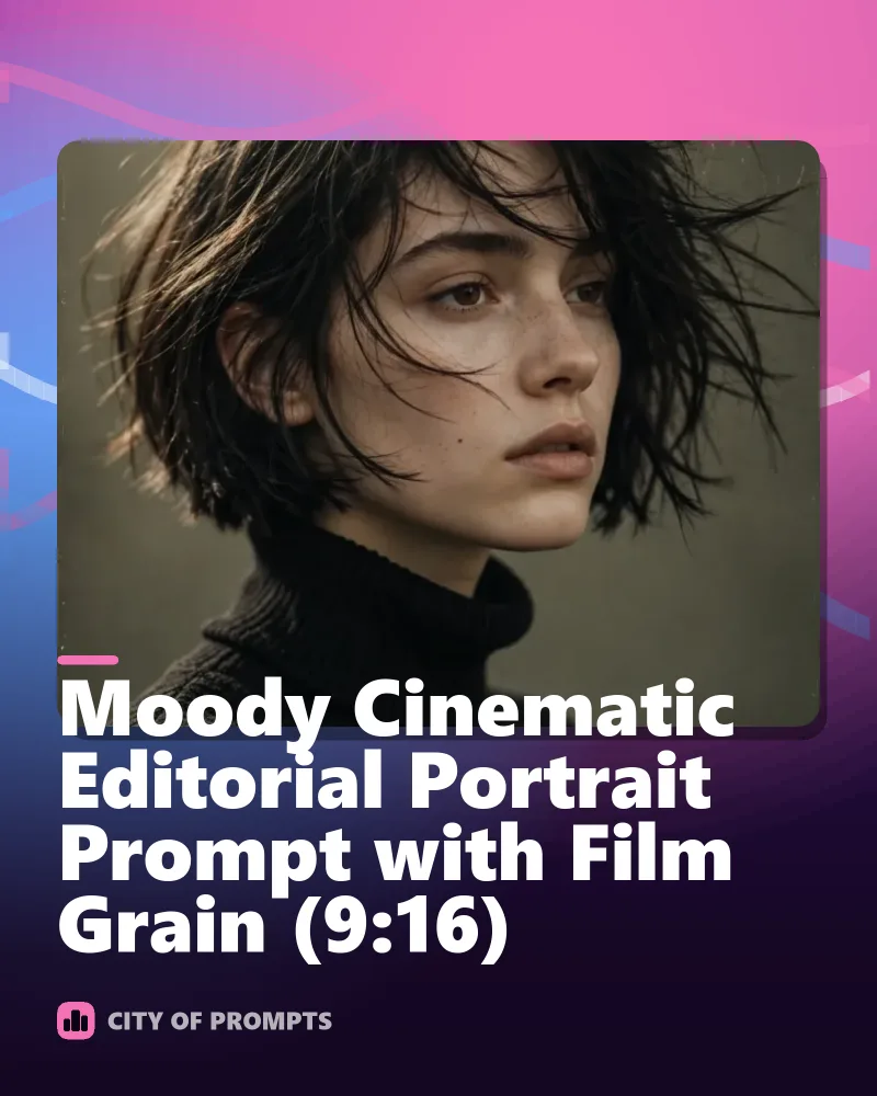 Cover image for Moody Cinematic Editorial Portrait Prompt with Film Grain (9:16)