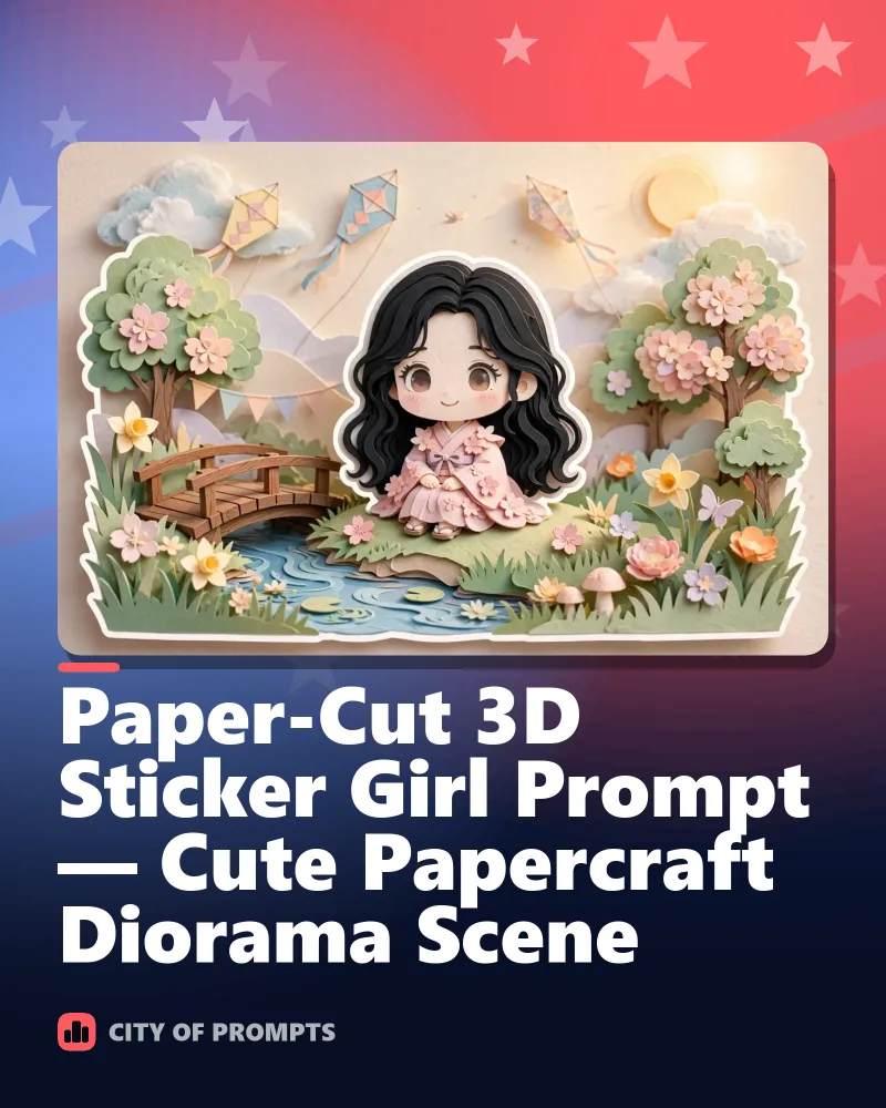 Cover image for Paper-Cut 3D Sticker Girl Prompt — Cute Papercraft Diorama Scene