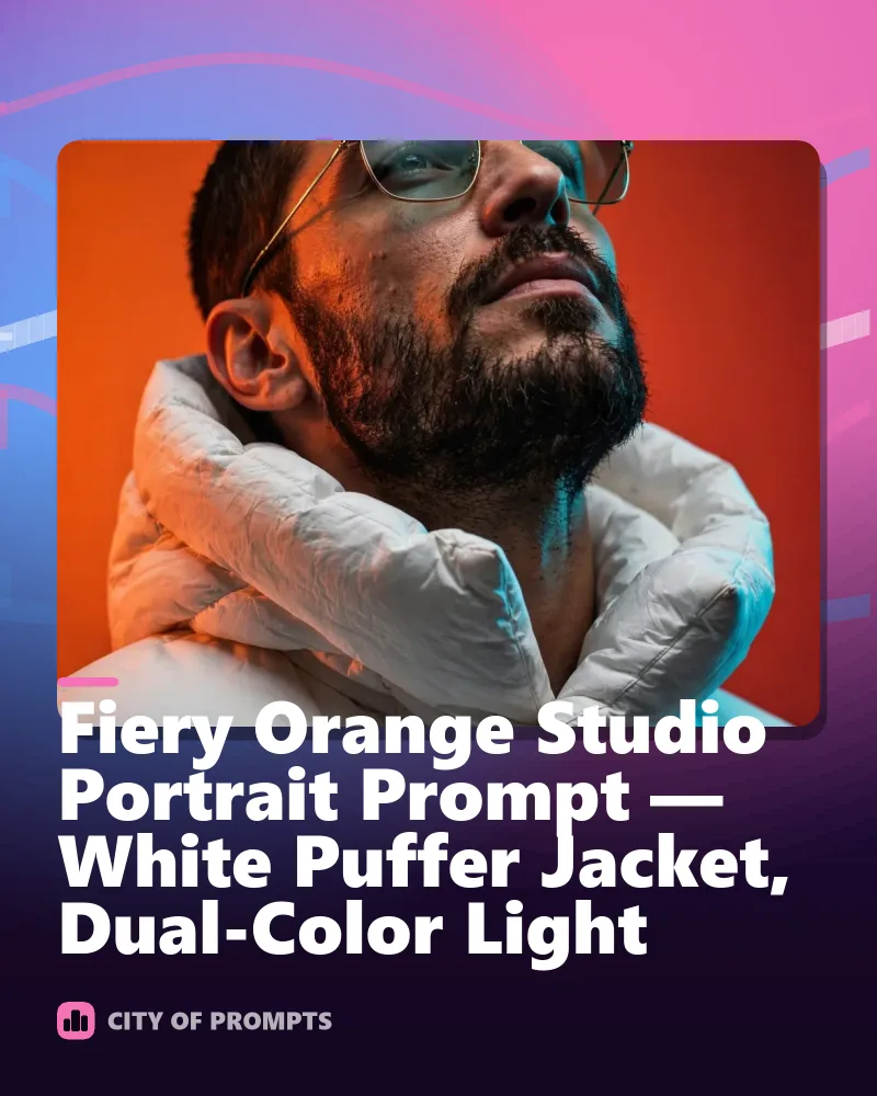 Cover image for Fiery Orange Studio Portrait Prompt — White Puffer Jacket, Dual-Color Light