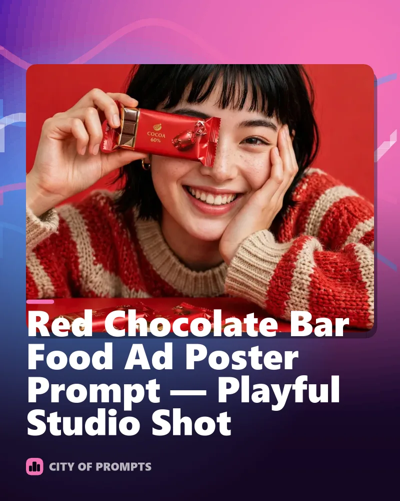 Cover image for Red Chocolate Bar Food Ad Poster Prompt — Playful Studio Shot