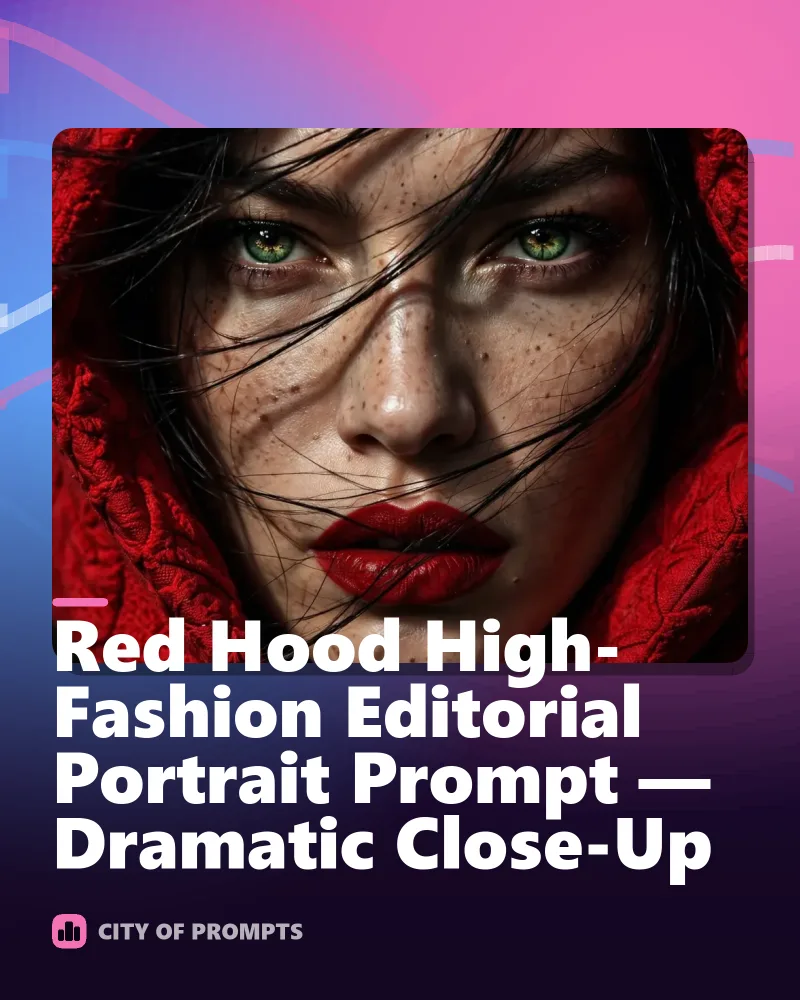 Cover image for Red Hood High-Fashion Editorial Portrait Prompt — Dramatic Close-Up