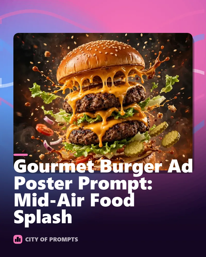 Cover image for Gourmet Burger Ad Poster Prompt: Mid-Air Food Splash